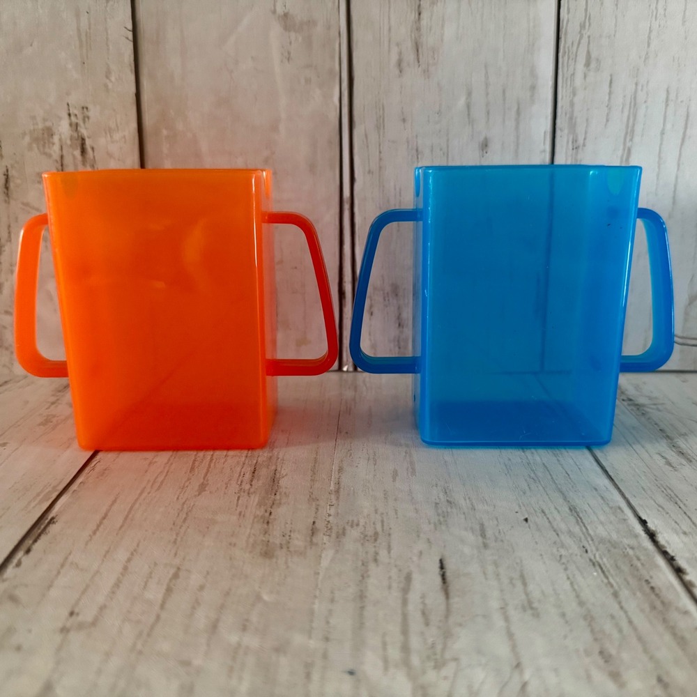 Vintage Juice Box Holders Set of 2 Orange Blue Plastic Dual Handle Retro Kids
